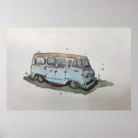 Watercolor of a rusty old antique van