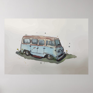 Watercolor of a rusty old antique van poster