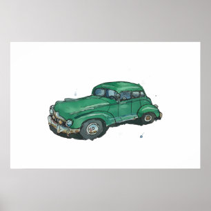 Watercolor of a rusty old green antique sedan poster