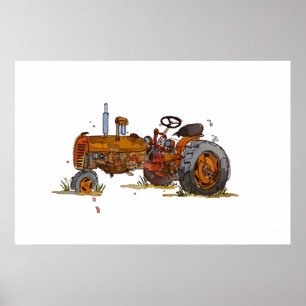 Watercolor of a rusty old orange tractor poster