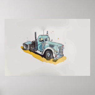 Watercolor of a semi truck stylised  poster