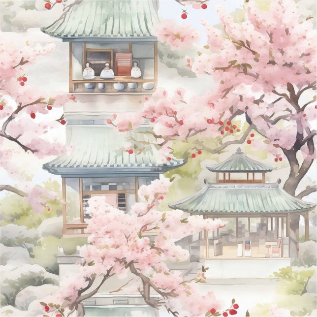 Watercolor of Asian Pagoda Amidst Cherry Blossoms (Front)