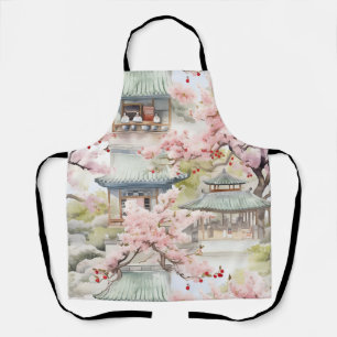 Watercolor of Asian Pagoda Amidst Cherry Blossoms Apron