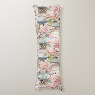 Watercolor of Asian Pagoda Amidst Cherry Blossoms Body Cushion