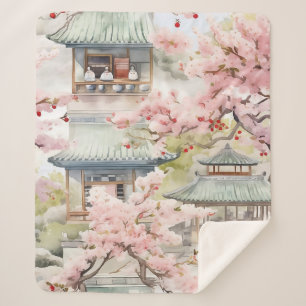 Watercolor of Asian Pagoda Amidst Cherry Blossoms Sherpa Blanket