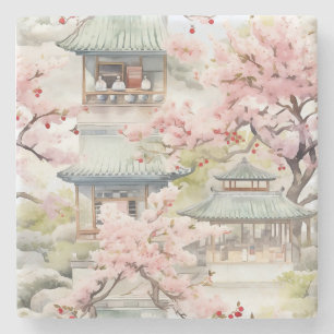 Watercolor of Asian Pagoda Amidst Cherry Blossoms Stone Coaster