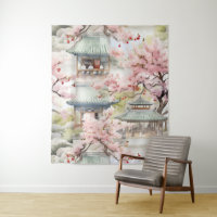 Watercolor of Asian Pagoda Amidst Cherry Blossoms
