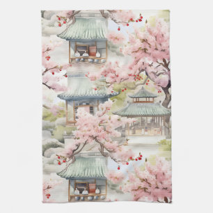 Watercolor of Asian Pagoda Amidst Cherry Blossoms Tea Towel