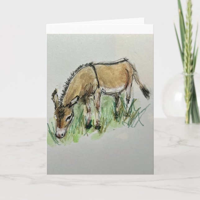 Watercolor of donkey on folded greeting card (Front)