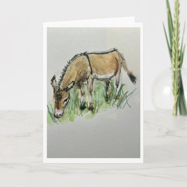 Watercolor of donkey on folded greeting card (Front)