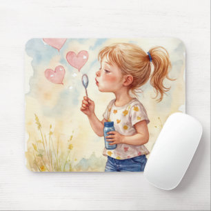 Watercolor of Girl Blowing Heart Bubbles Mouse Pad