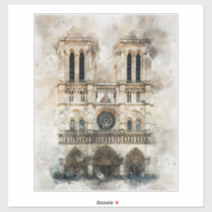 Watercolor of Historic Notre Dame Cathedral Facade