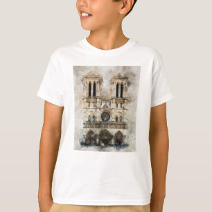 Watercolor of Historic Notre Dame Cathedral Facade T-Shirt