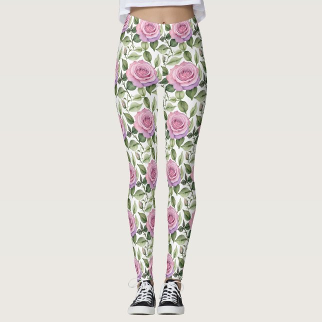 Watercolor Of Pink And Lavender Roses Leggings (Front)