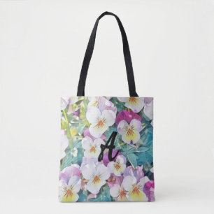 Watercolor of pink, yellow, white pansies Monogram Tote Bag