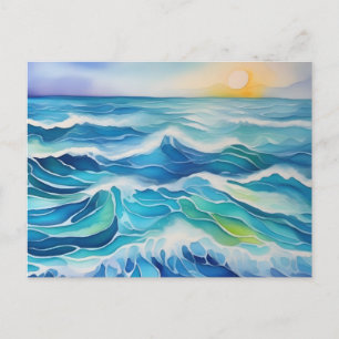 Watercolor of sea waves under the sun postcard