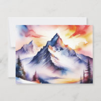 Watercolor of snow covered mountains under red sky