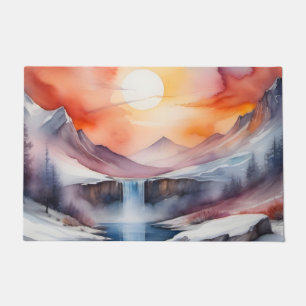 Watercolor of snow covered mountains under sunset doormat