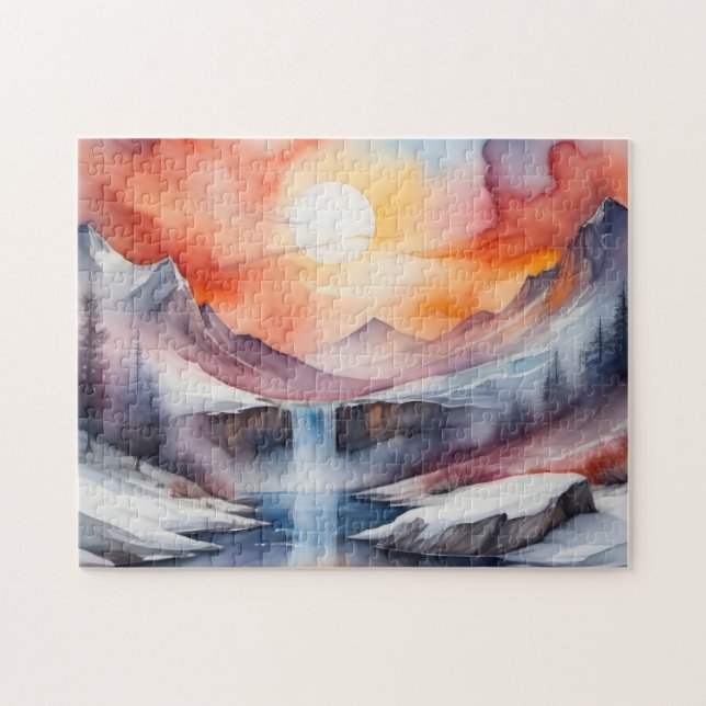 Watercolor of snow covered mountains under sunset jigsaw puzzle (Horizontal)