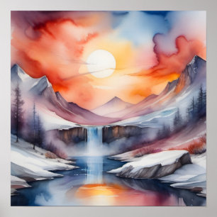 Watercolor of snow covered mountains under sunset poster