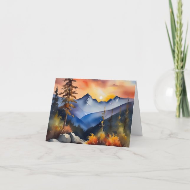 Watercolor of sunrise over snow covered mountains card (Front)
