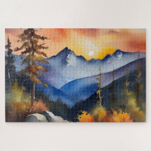 Watercolor of sunrise over snow covered mountains jigsaw puzzle