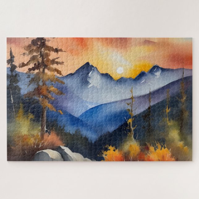 Watercolor of sunrise over snow covered mountains jigsaw puzzle (Horizontal)