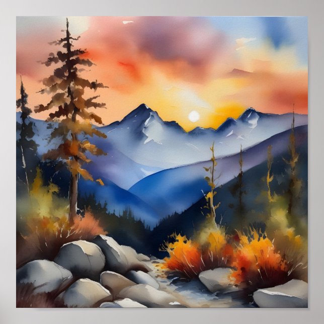 Watercolor of sunrise over snow covered mountains poster (Front)