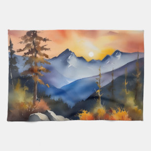 Watercolor of sunrise over snow covered mountains tea towel