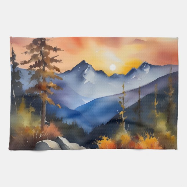 Watercolor of sunrise over snow covered mountains tea towel (Horizontal)