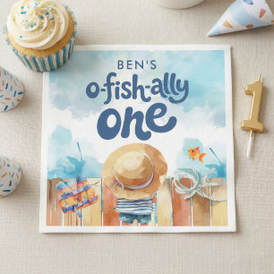 Watercolor Ofishally One Fishing Boy 1st Birthday  Napkin
