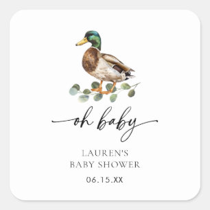 Watercolor Oh Baby Mallard Duck Baby Shower Square Sticker