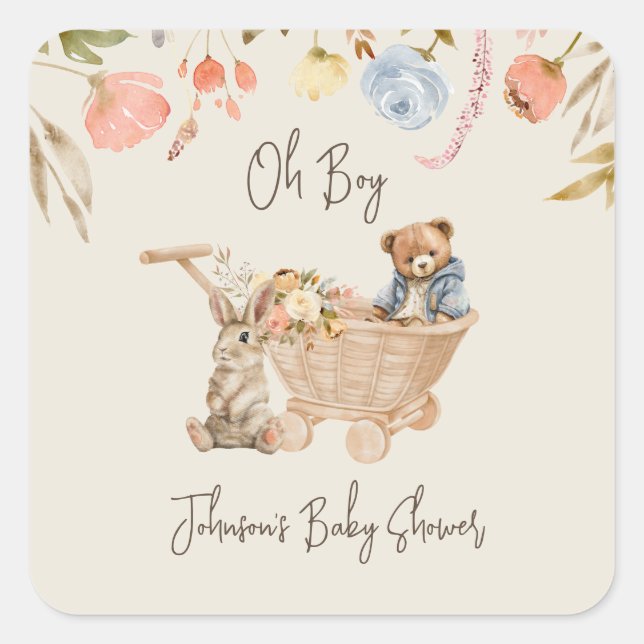 Watercolor Oh Boy Boho Nursery Baby Shower  Square Sticker (Front)