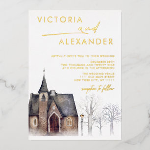 Watercolor Old Church Snow Winter Wedding