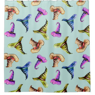 Watercolor old hats: blue background. shower curtain