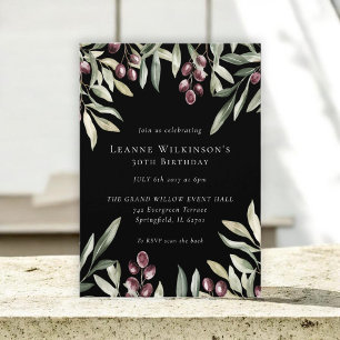 Watercolor Olive Berry Black  30th Birthday Invitation