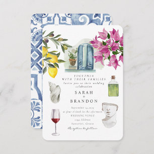 Watercolor Olive Blue tile Greece Wedding Invitation