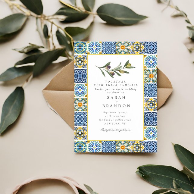 Watercolor Olive Blue tile Mediterranean Wedding I Invitation (Creator Uploaded)