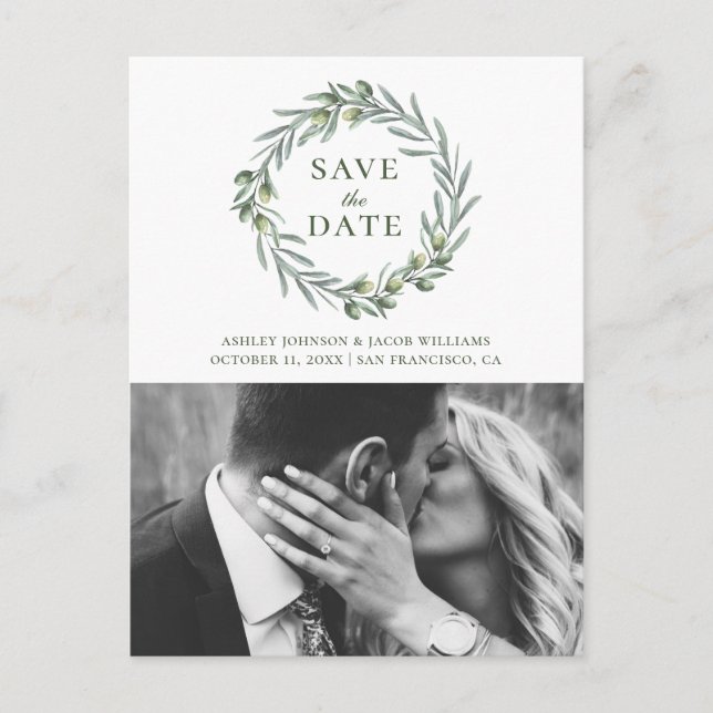 Watercolor olive. Botanical italian Save the Date Postcard (Front)