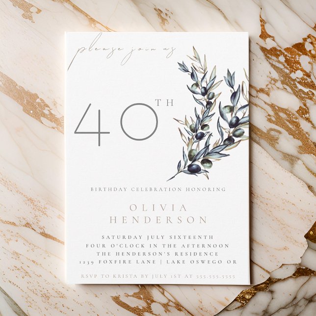 Watercolor Olive Branch Adult Birthday Invitation (Creator Uploaded)