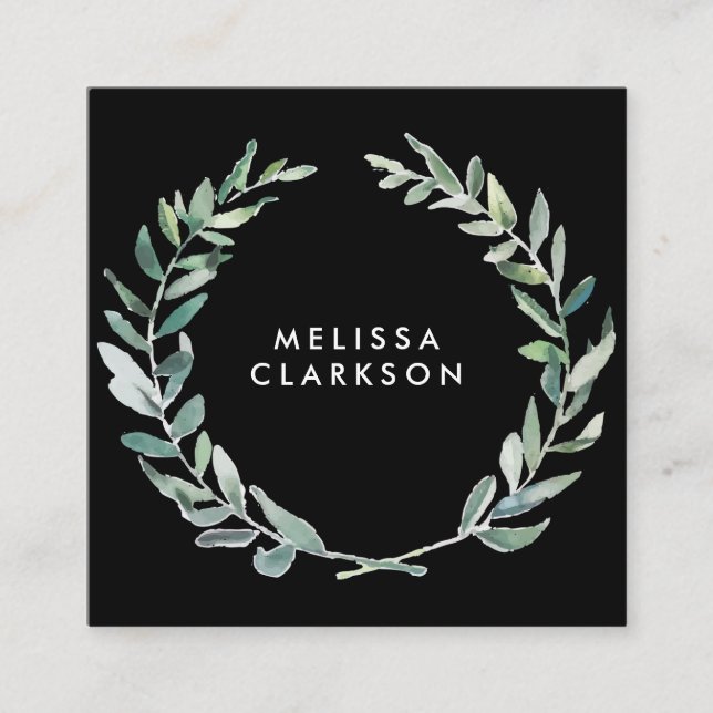 Watercolor olive branch black professional square business card (Front)