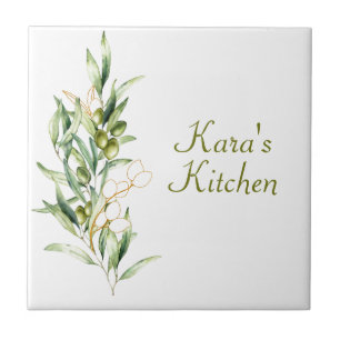 Watercolor Olive Branch Ceramic Tile
