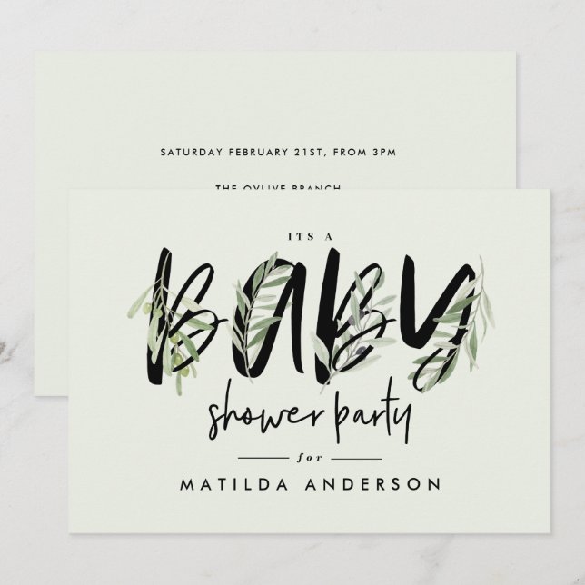 Watercolor olive branch foliage baby shower party  announcement (Front/Back)