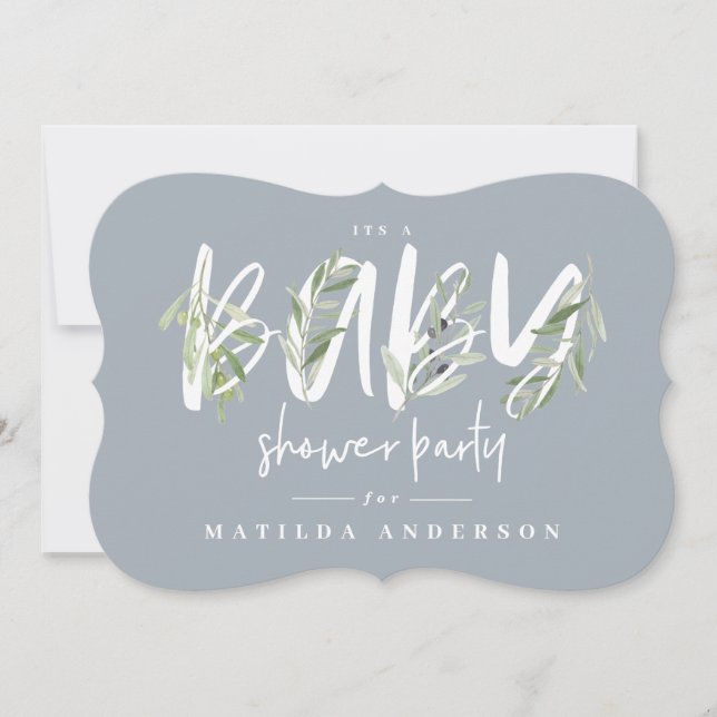 Watercolor olive branch foliage baby shower party announcement (Front)