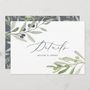 Watercolor olive branch foliage wedding details announcement