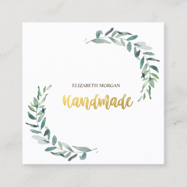 Watercolor Olive Branch,Handmade Square Business Card (Front)