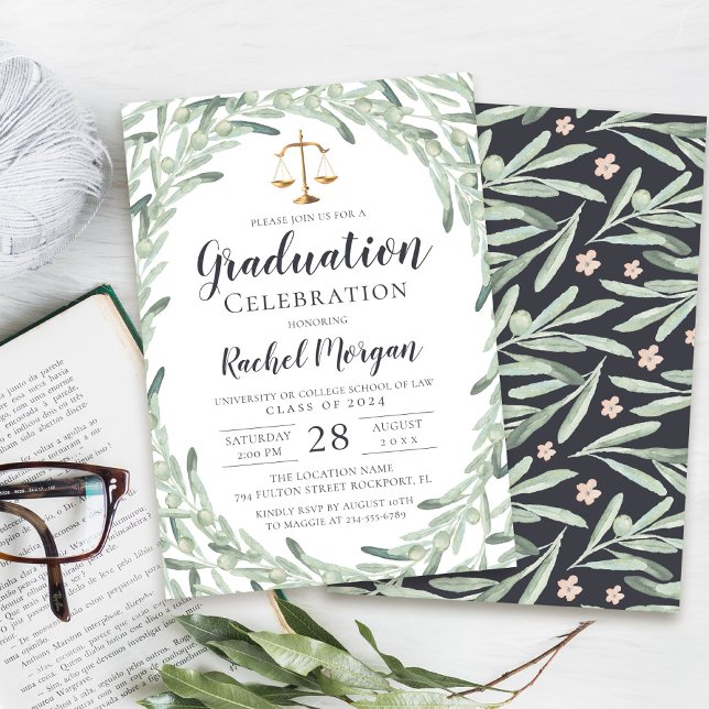Watercolor Olive Branch Law School Graduation Invitation (Creator Uploaded)