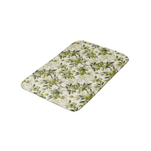 Watercolor Olive Branch Pattern Mediterranean Bath Mat