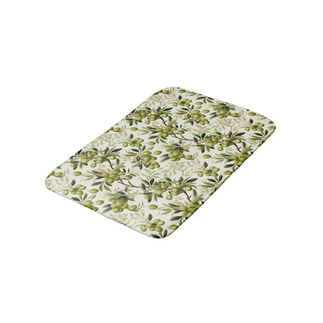 Watercolor Olive Branch Pattern Mediterranean Bath Mat (Angled)