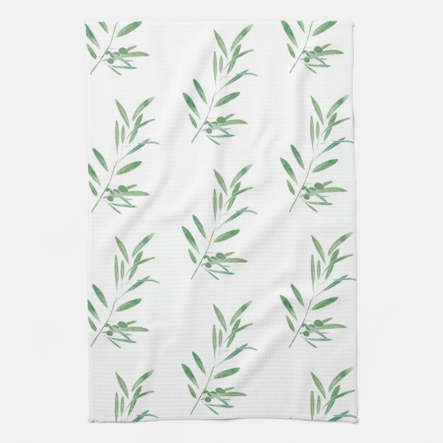 Watercolor Olive Branch Pattern Tea Towel (Vertical)